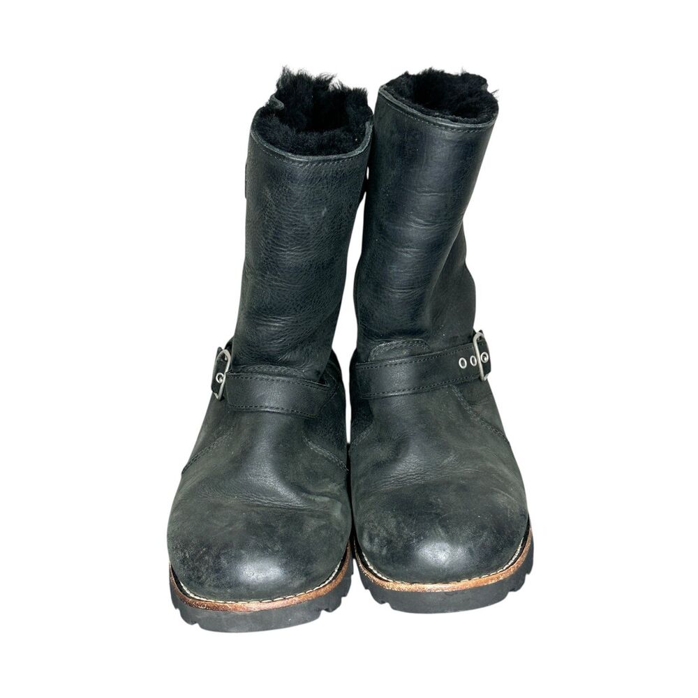 UGG Black Leather Buckle Boots Shearling Lined Girl's Size 5 - Picture 3 of 6